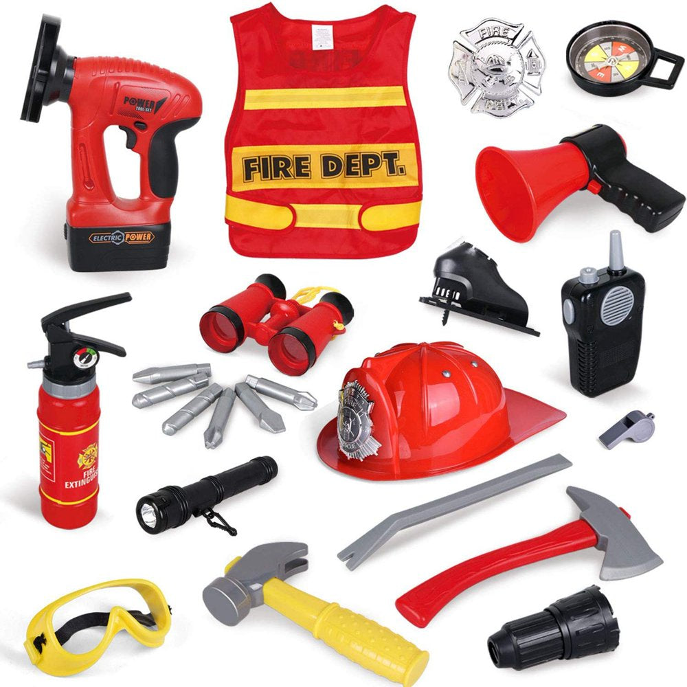  24 Pcs Firefighter Costume with Tools Set,Fireman Toys for Kids, Fire Fighter Costume Pretend Play Dress-up Toy Set