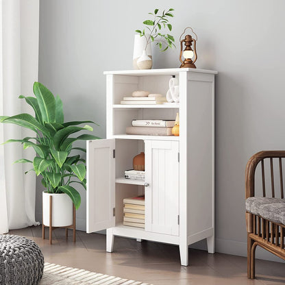 2 Tier Shelves Bathroom Storage Cabinet, Wood Storage Floor Cabinet with 2 Doors, White