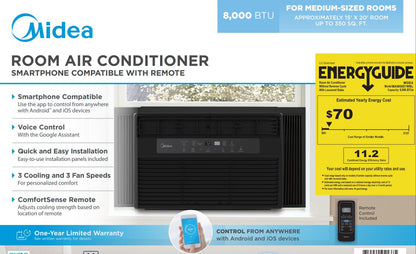 Midea 8,000 BTU 115V Smart Window Air Conditioner with Comfort Sense Remote, Black, MAW08S1WBL
