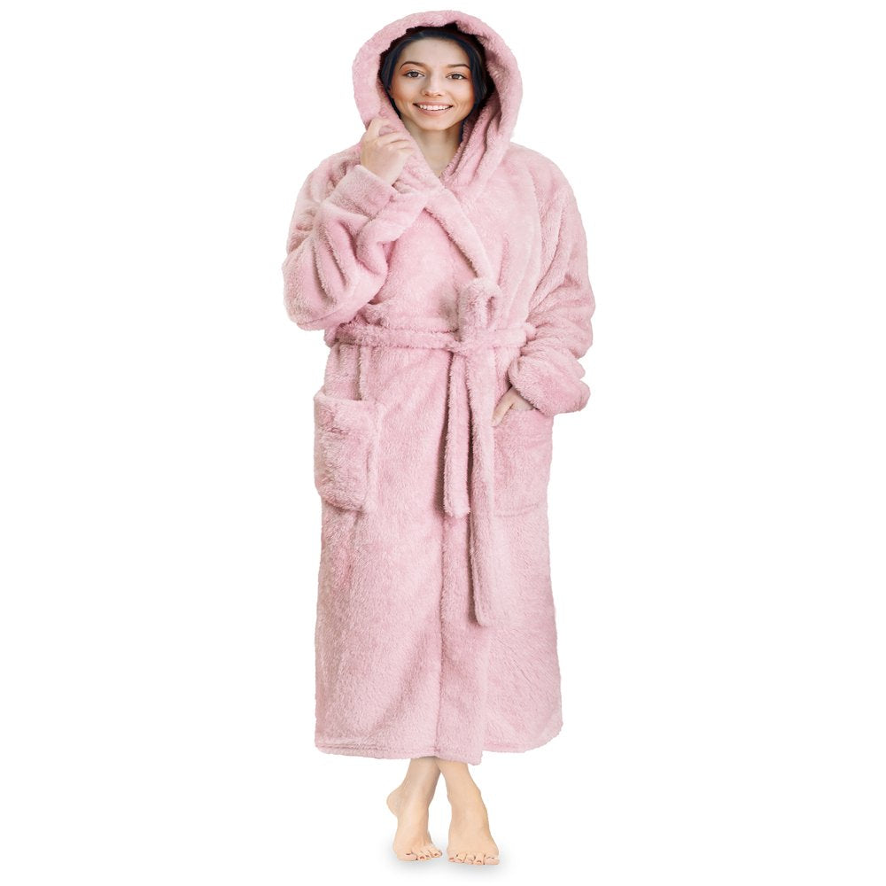 PAVILIA Women Hooded Plush Soft Robe | Fluffy Warm Fleece Sherpa Shaggy Bathrobe (S/M, Black)