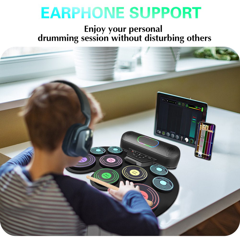 Dammyty Upgrade 9 Pads Kids Adults Electronic Drum Sets Kit with Headphone Jack and Dual Bluetooth Speaker Wireless Connection for Christmas Birthday Gift