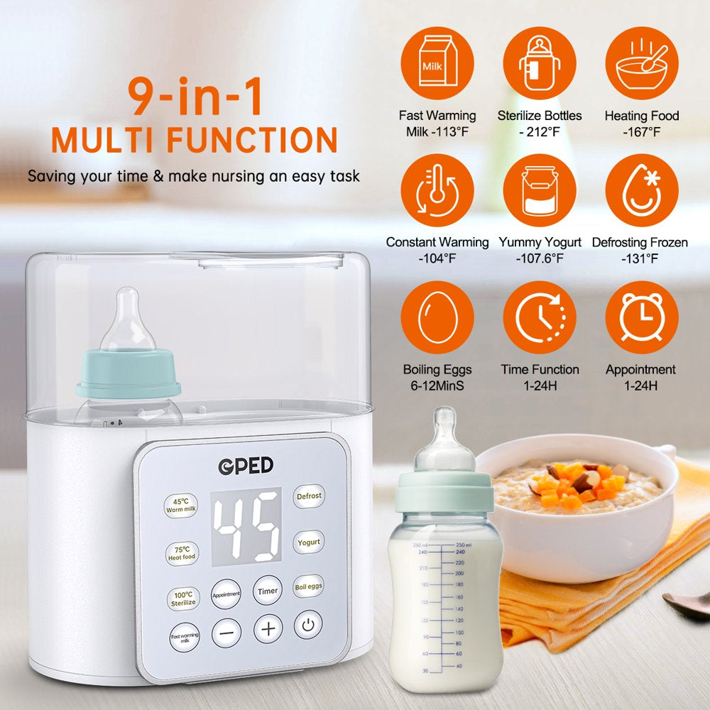 Baby Bottle Warmer, Double Bottles 9-In-1 Fast Milk Warmer with Appointment &Timer, Breastmilk Defrost & Food Heater, 24H Accurate Temperature Control for Breastmilk or Formula, Bpa-Free, LCD Display