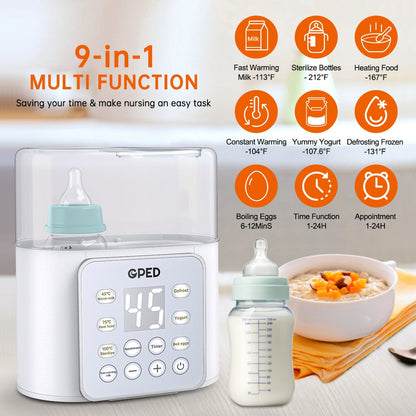 Baby Bottle Warmer, Double Bottles 9-In-1 Fast Milk Warmer with Appointment &Timer, Breastmilk Defrost & Food Heater, 24H Accurate Temperature Control for Breastmilk or Formula, Bpa-Free, LCD Display