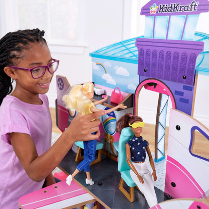 KidKraft Luxe Life 2-in-1 Wooden Airport and Jet Plane Doll Play Set with Over 15 Accessories