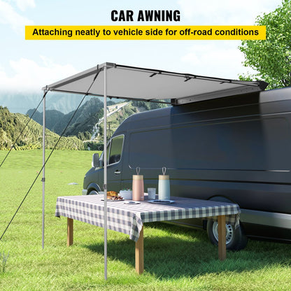  Car Side Awning, 4.6'x6.6', Pull-Out Retractable Vehicle Awning Waterproof UV50+, Telescoping Poles Trailer Sunshade Rooftop Tent w/ Carry Bag for Jeep/SUV/Truck/Van Outdoor Camping Travel, Grey