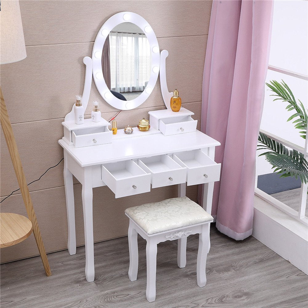 Ktaxon Vanity Table 10 LED Lights, 5 Drawers Makeup Dressing Desk with Cushioned Stool Set,Bedroom Vanities Set White