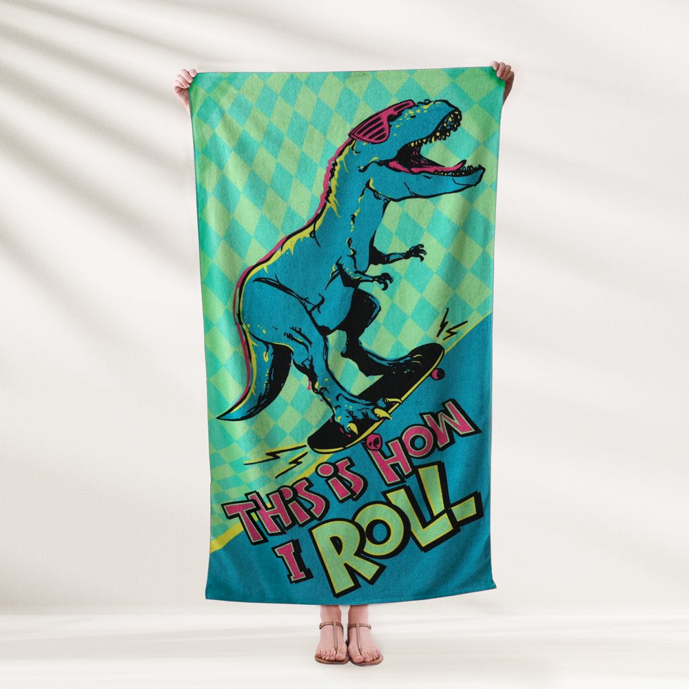 Mainstays Velour Beach Towel, Skateboard Dinosaur, Multi-Color , 28X60