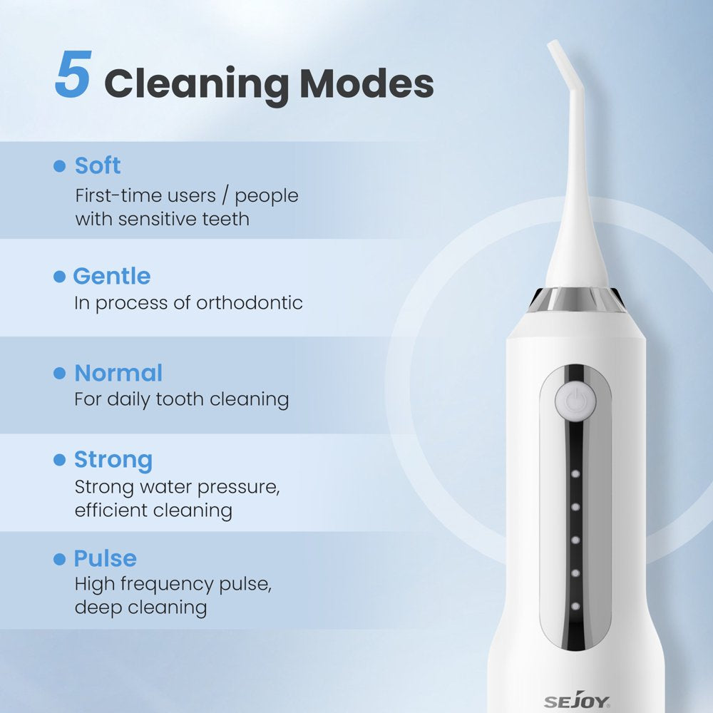 Sejoy Cordless Water Flosser Dental Teeth Cleaner, Professional 270ML Tank USB Rechargeable Dental Oral Irrigator for Home and Travel, 5 Modes 5 Jet Tips, IPX7 Waterproof, Easy-to-Clean,White