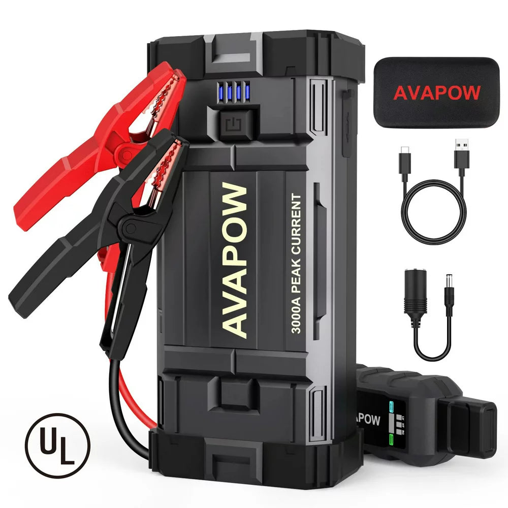 AVAPOW Car Battery Jump Starter ,3000A Peak Portable Jump Starters for Up to 8L Gas 8L Diesel Engine with Booster Function,12V Lithium Jump Charger Pack Box with Smart Safety Clamp