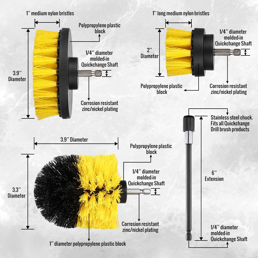 5 Pack Drill Brush Attachments Set Power Scrubber Cleaning Brush Bathroom Scrub Brushes Corners Cleaning Brush kit with Extend Long Attachment for Grout, Floor, Tub, Shower, Tile, Kitchen