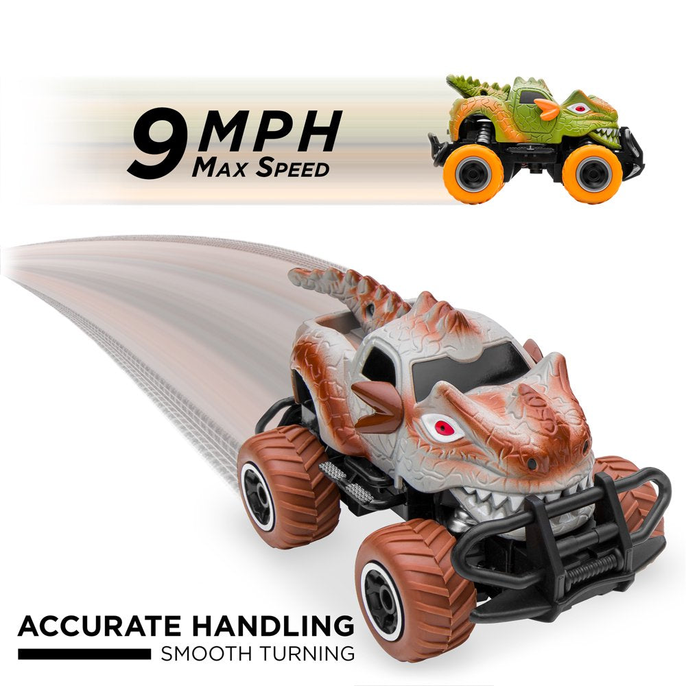 Best Choice Products Set of 2 1/43 Scale 27MHz Toy Dinosaur RC Cars w/ 2 Controllers, 9mph Max Speed