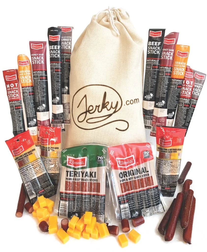 Jerky Gift Basket  - 26pc Jerky Variety Pack of Beef, Pork, Turkey & Ham Snack Sticks - Meat and Cheese Gift Set