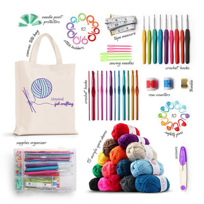 73 Piece Crochet Set Kit with Crochet Hooks Yarn Set, Premium Bundle Includes Yarn Balls, Needles, Accessories Kit, Canvas Tote Bag for Travel