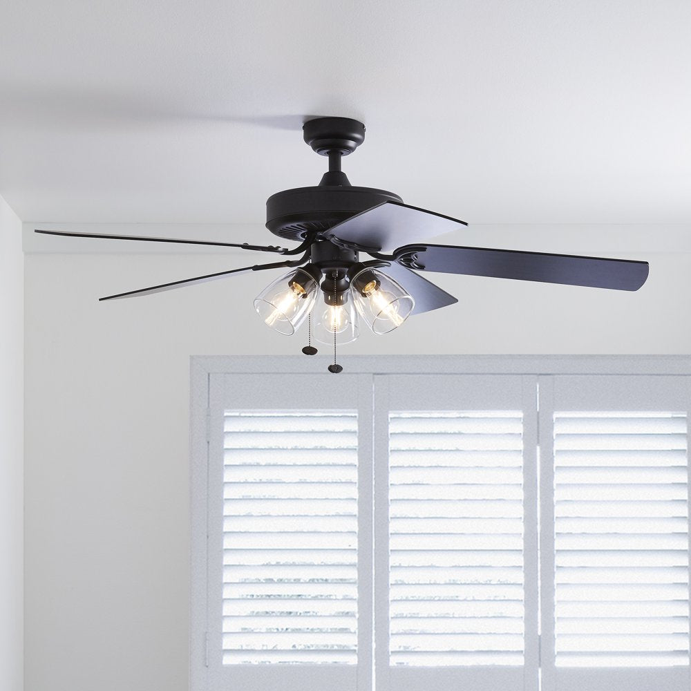 Better Homes & Gardens 52" Matte Black Ceiling Fan with Light, 5 Blades, Pull Chains & Reverse Airflow