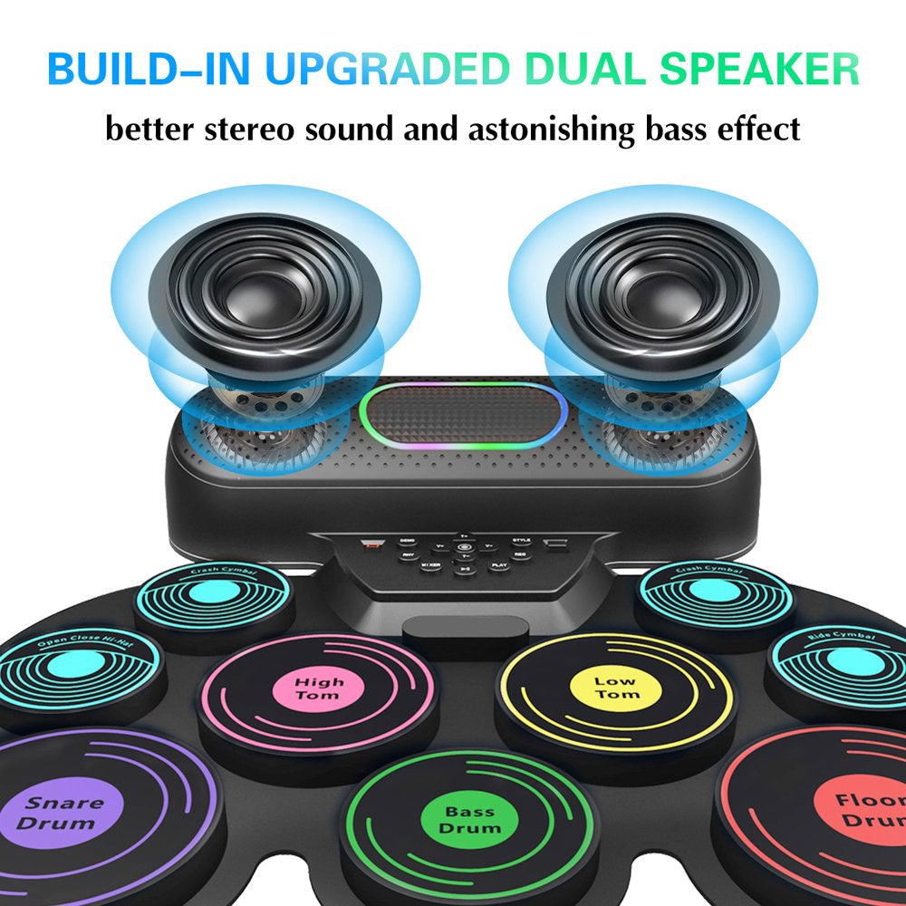 Dammyty Upgrade 9 Pads Kids Adults Electronic Drum Sets Kit with Headphone Jack and Dual Bluetooth Speaker Wireless Connection for Christmas Birthday Gift