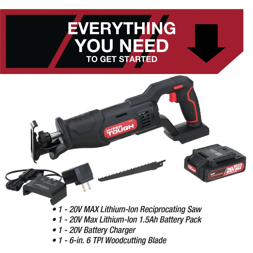 20V Max Lithium-ion Cordless Reciprocating Saw, Variable Speed, Keyless Blade Change, with 1.5Ah Lithium-Ion Battery and Charger, Wood Blade and LED Light