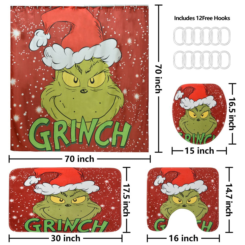 Christmas Shower Curtain Set How The Grinch Stole Christmas Shower Curtain with 12 Hooks Bathroom Set, Holiday Home Decor (72x72 Inch)