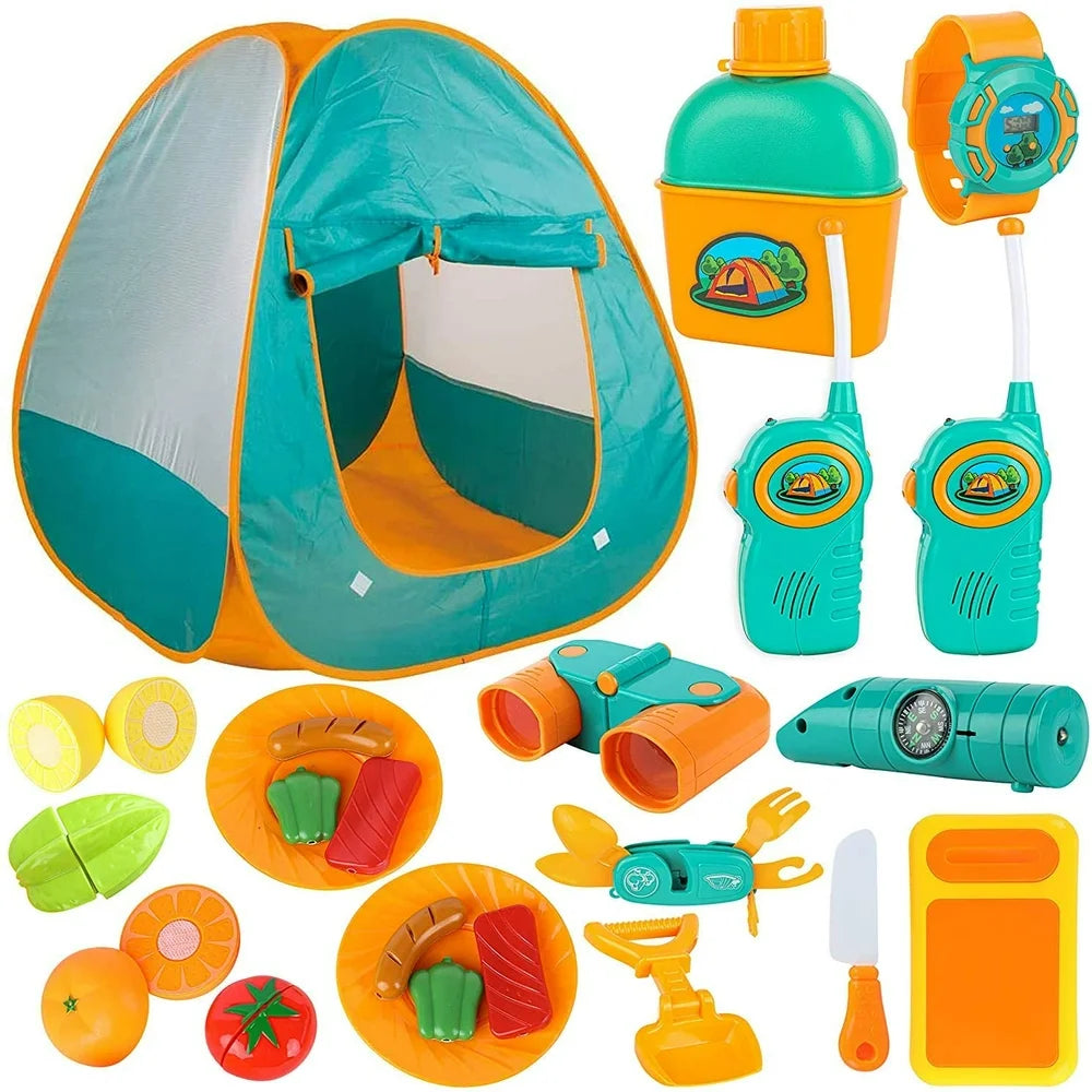 ToyVelt Kids Camping Up Tent Set -Includes Tent, Telescope, 2 Walkie Talkies, and Full Camping Gear Set Indoor and Outdoor Toy - Best Present for 3 4 5 6 Year Old Boys and Girls and Up