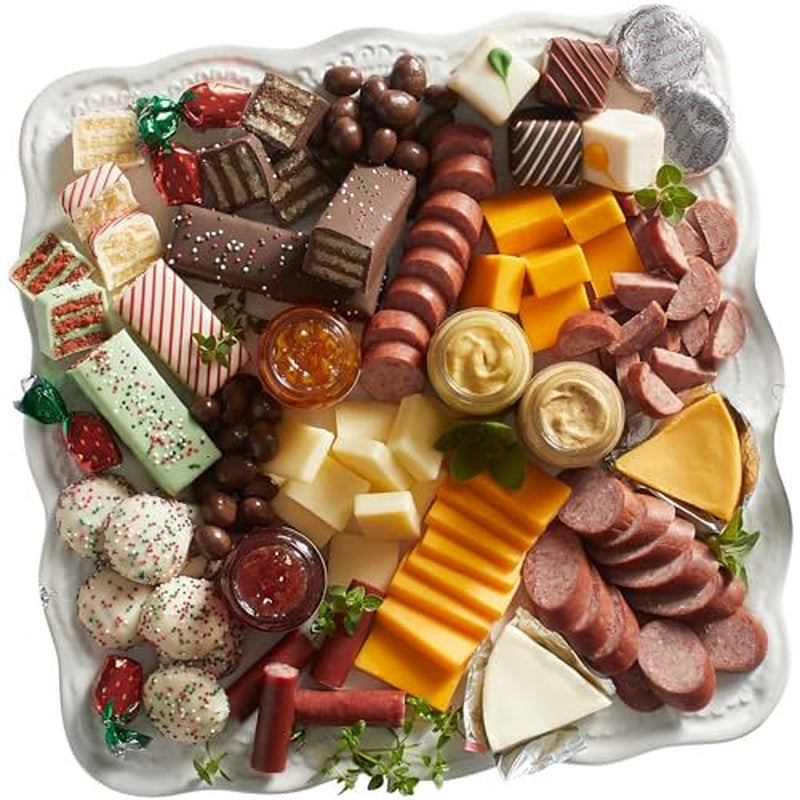 The Swiss Colony 27 Favorites Food Gift Box - Assorted Cheeses, Chocolates, Candies, Petits Fours, and Summer Sausage Meats - Holiday Red Box