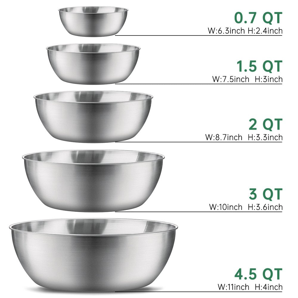 Stainless Steel Mixing Bowl Set of 5, Meal Prep Mixing Bowls,  Salad Bowl Nesting Bowls for Space Saving Storage, Great for for Kitchen Cooking, Baking, Prepping, Food Storage