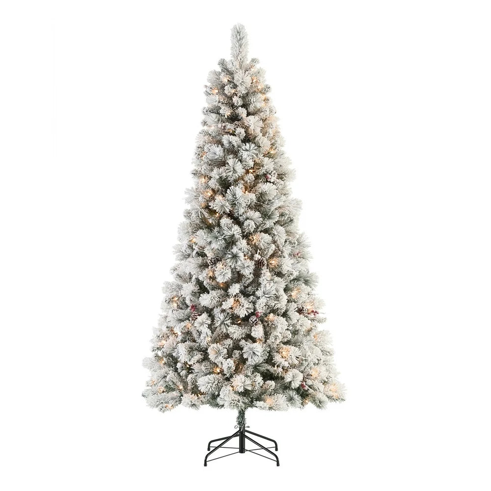 7.5 ft Pre-Lit Flocked Lakewood Spruce Artificial Christmas, Clear Lights, Green, 7.5 ft, by Holiday Time