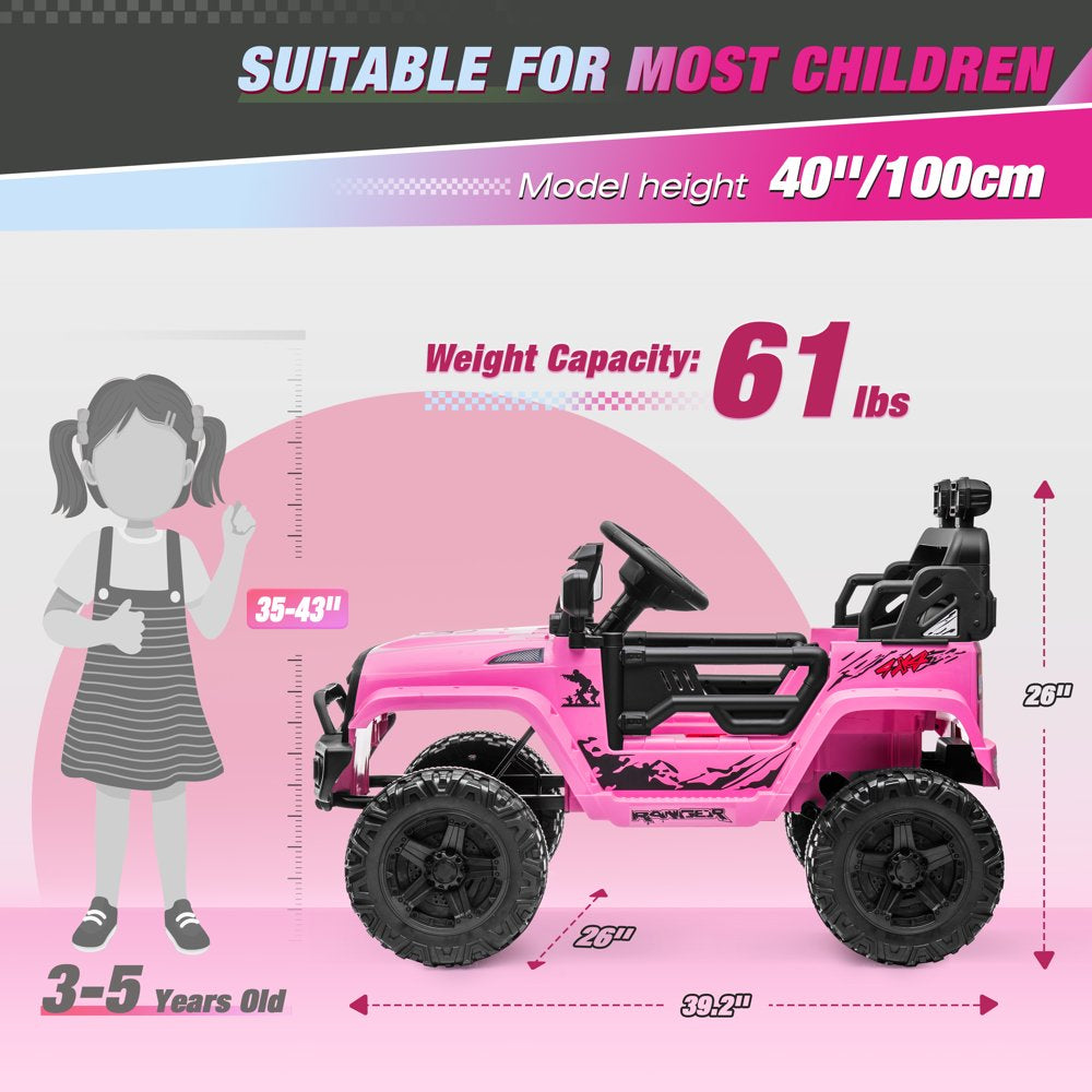 Clovercat 12V Ride On Toys Battery-Operated Jeep Car for Kids, Electric Powered Toy Truck, with Parent Remote Control, LED Lights, Bluetooth Music and Spring Suspension, Pink