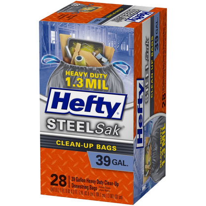 Hefty Steelsak Heavy Duty Large Trash Bags, Black, Unscented, 39 Gallon, 28 Count