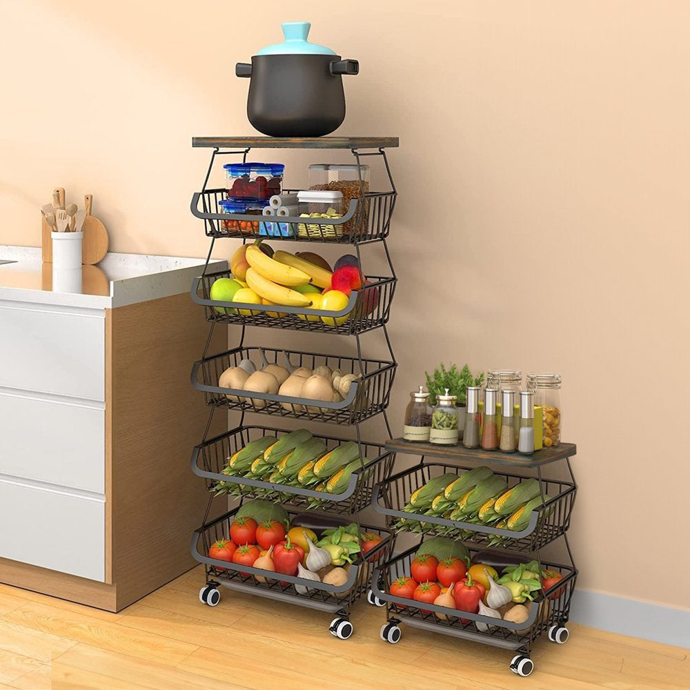 6-Tier Multifunction Fruit Vegetable Rack, Stackable Rolling Cart with Solid Wood, Kitchen Storage Rack