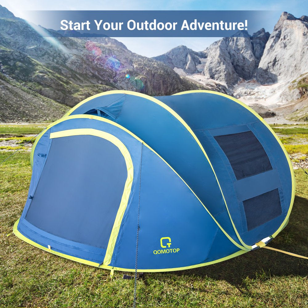 QOMOTOP Instant Tent 4-Person Camp Tent, Automatic Setup Pop Up Tent, Waterproof, Huge Side Screen Windows, Blue