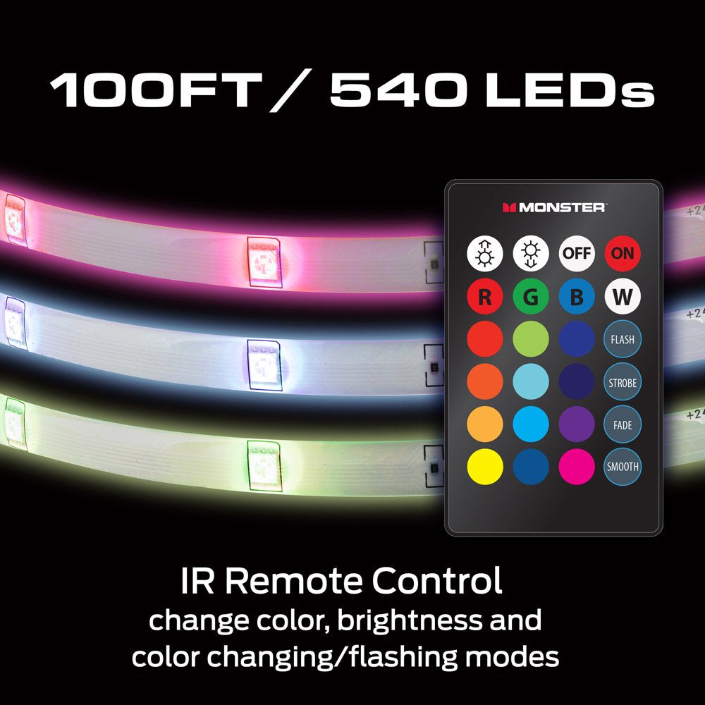 Monster LED 100ft Multicolor Light Strip, Indoor Locations, Bedrooms, Remote Control