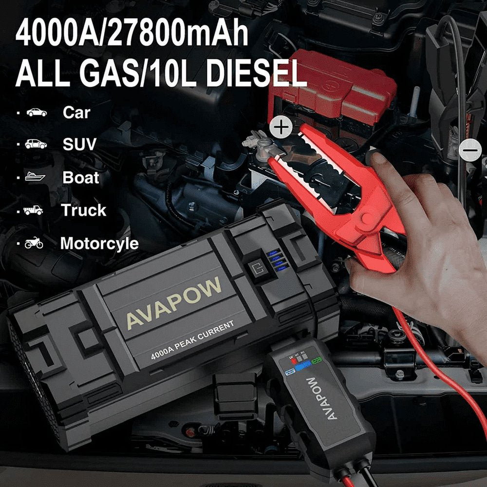 AVAPOW Car Jump Starter, 4000A Peak 27800mAh Battery Jump Starter (for All Gas or Up to 10L Diesel), Battery Booster Power Pack, 12V Auto Jump Box with LED Light, USB Quick Charge 3.0