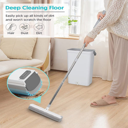 SUGARDAY Sponge Mop and Bucket Set with Wringer - Floor Wet Mop with 3 PVA Sponge Heads for Floor Cleaning