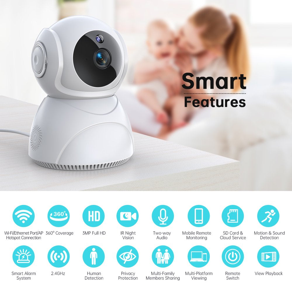 Baby Monitor, 360°Wireless Smart Video Baby Camera, 3MP HD Home Security Camera with Two-Way Talk, Wifi Nanny IP Cam W/Safety Alerts, IR Night Vision, Motion & Sound Detection, Cloud & SD Card Storage