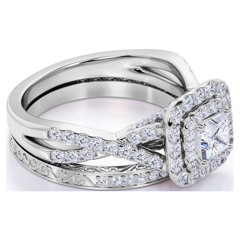 1.25 ct - Square Moissanite - Double Halo - Twisted Band - Vintage Inspired - Pave - Wedding Ring Set in 18K White Gold over Silver