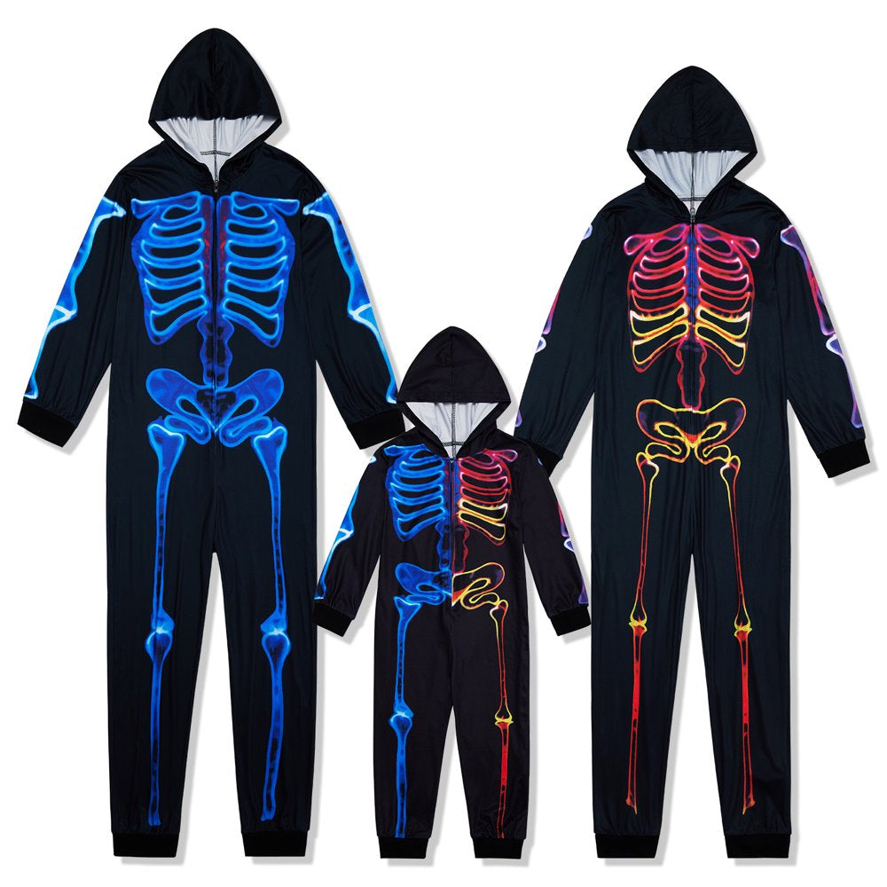 Family Matching Halloween Onesies Pajamas, Funny Skeleton Printed Hooded Zippered PJs Holiday Loungewear for Men/Women/Kids