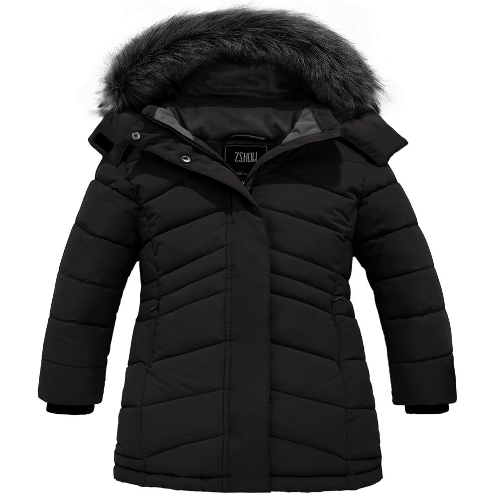 ZSHOW Girls' Puffer Jacket Winter Snow Coat Cotton Padded Parka Outerwear Jacket Black 8