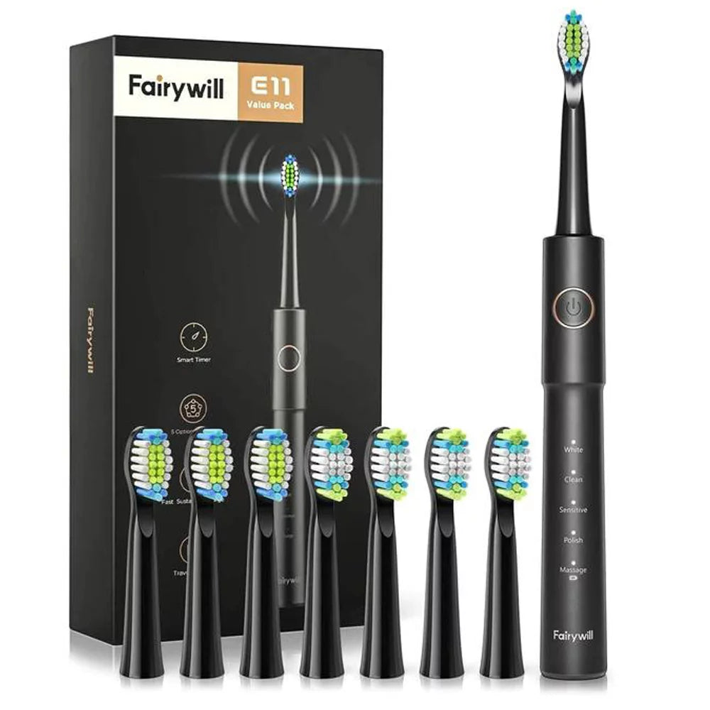 Fairywill E11 Sonic Electric Toothbrush with 5 Modes for Adults, Black