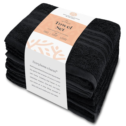 White Classic 12 Piece Bath Towel Set for Bathroom - Wealuxe Collection 2 Bath Towels, 4 Hand Towels, 6 Washcloths 100% Cotton Soft and Plush Highly Absorbent, Soft Towel for Hotel & Spa - Black