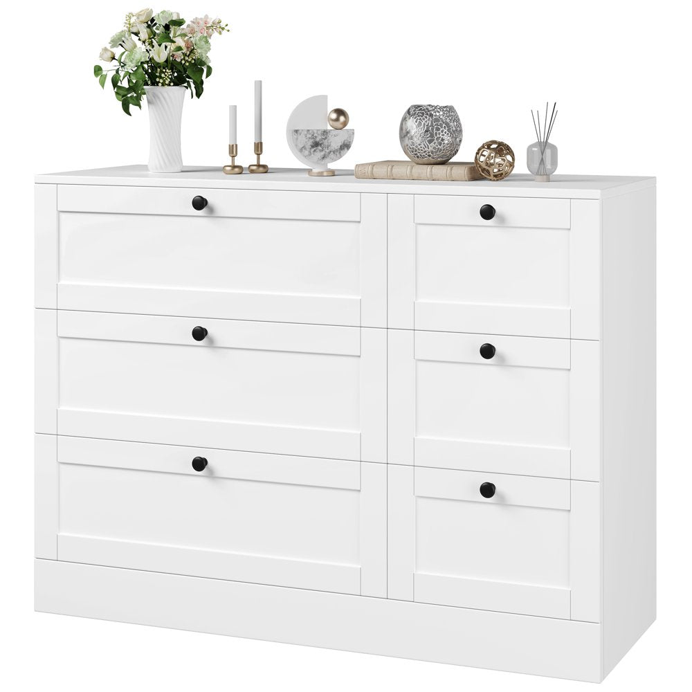 Homfa 6 Drawer White Double Dresser,Wood Storage Cabinet for Living Room, Chest of Drawers for Bedroom