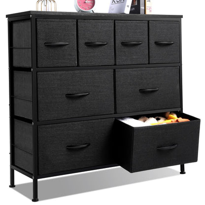 3-Tier 8 Drawer Dresser, Dresser Chest for Bedroom Cationic Fabric Drawers Organizer with Handle, Wood Top Tower Storage with 4 Adjustable Foot Pads /Anti-Tip/Heavy Duty Closet Shelf, Black