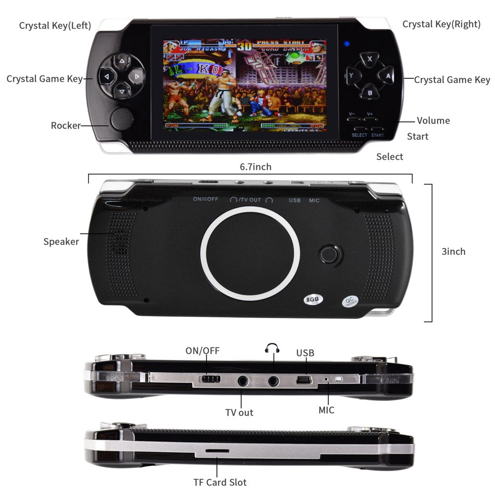  PSP Handheld Game Machine, X6 Updated Version, 8GB , 4 inch Screen, 480 * 800 resolution, 3000 Free Games, Black