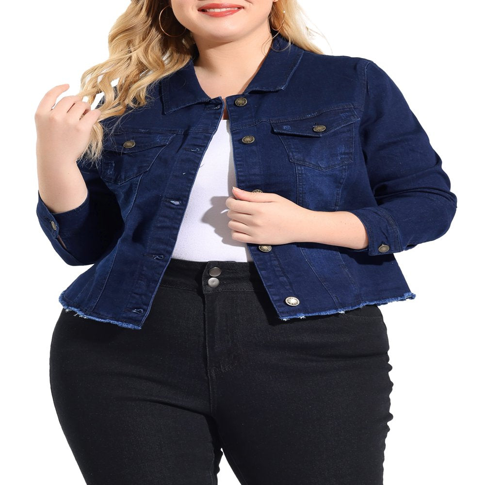  Women's Plus Size Outfits Classic Washed Front Frayed Denim Jacket