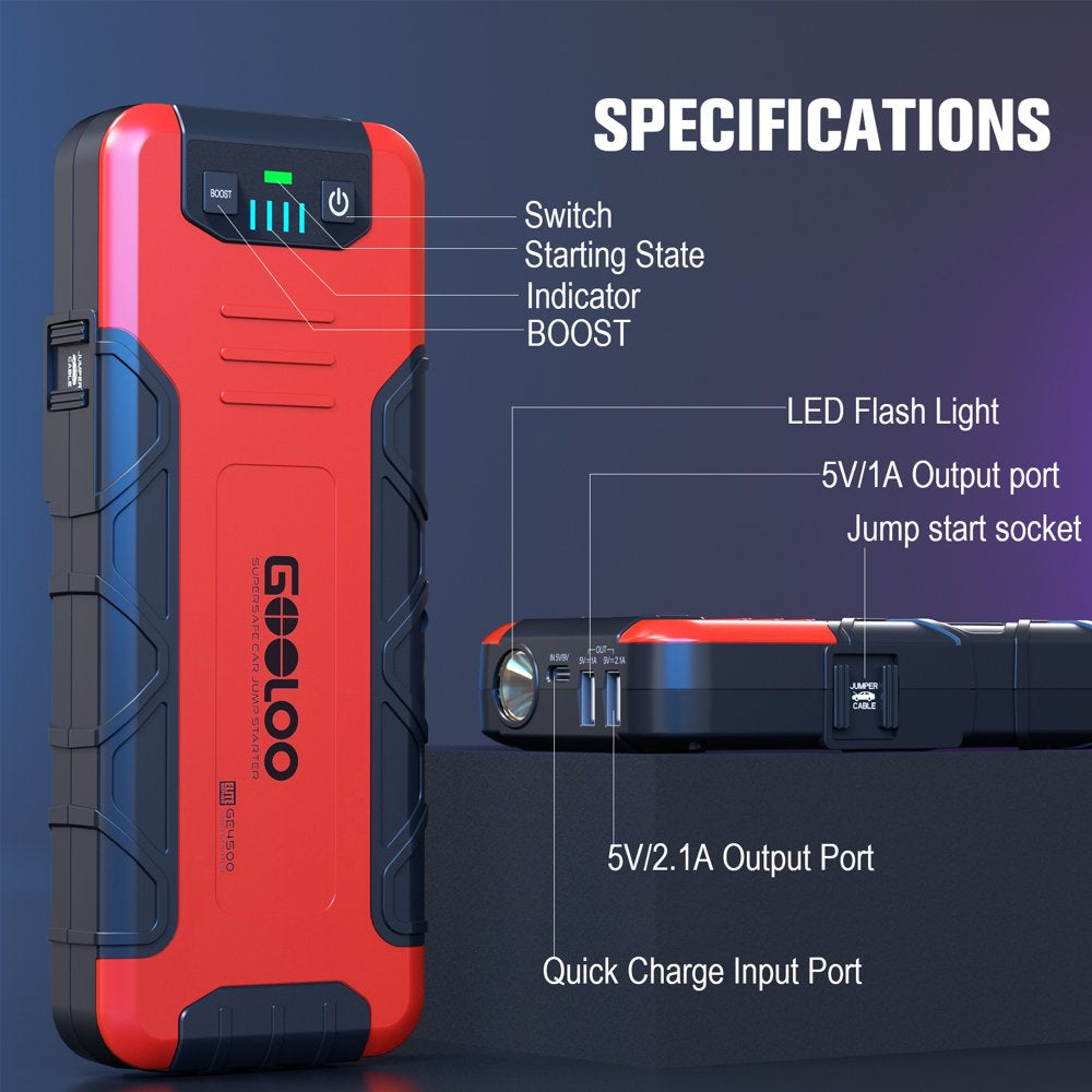 GOOLOO 4500A Car Battery Jump Starter, (for 10L Gas or Upto 8L Diesel) Powerful Car Jump Starter with USB Quick Charge, 12V Jump Pack with LED Light