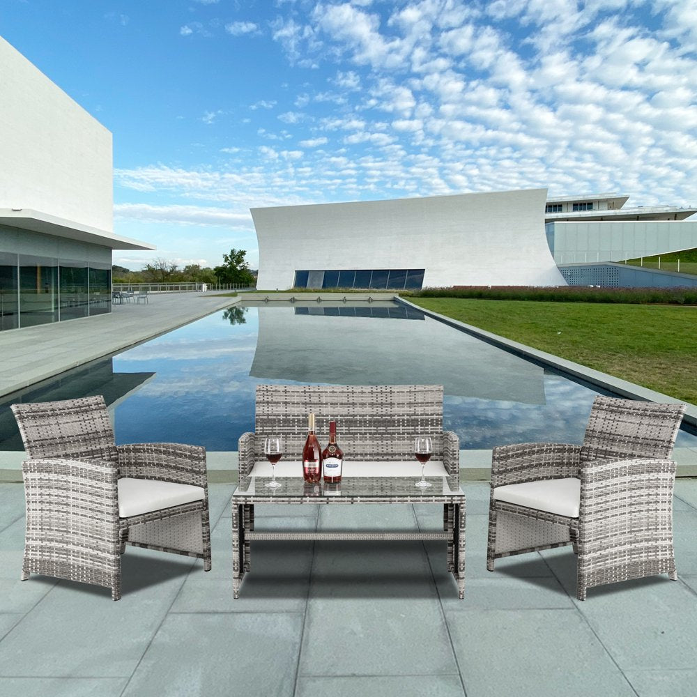 Outdoor Patio Furniture Set, Seizeen 4 Pieces Rattan Conversation Set Cushioned Sofa & Charis, Deck Garden Poolside Furniture Table Set for 4, Beige