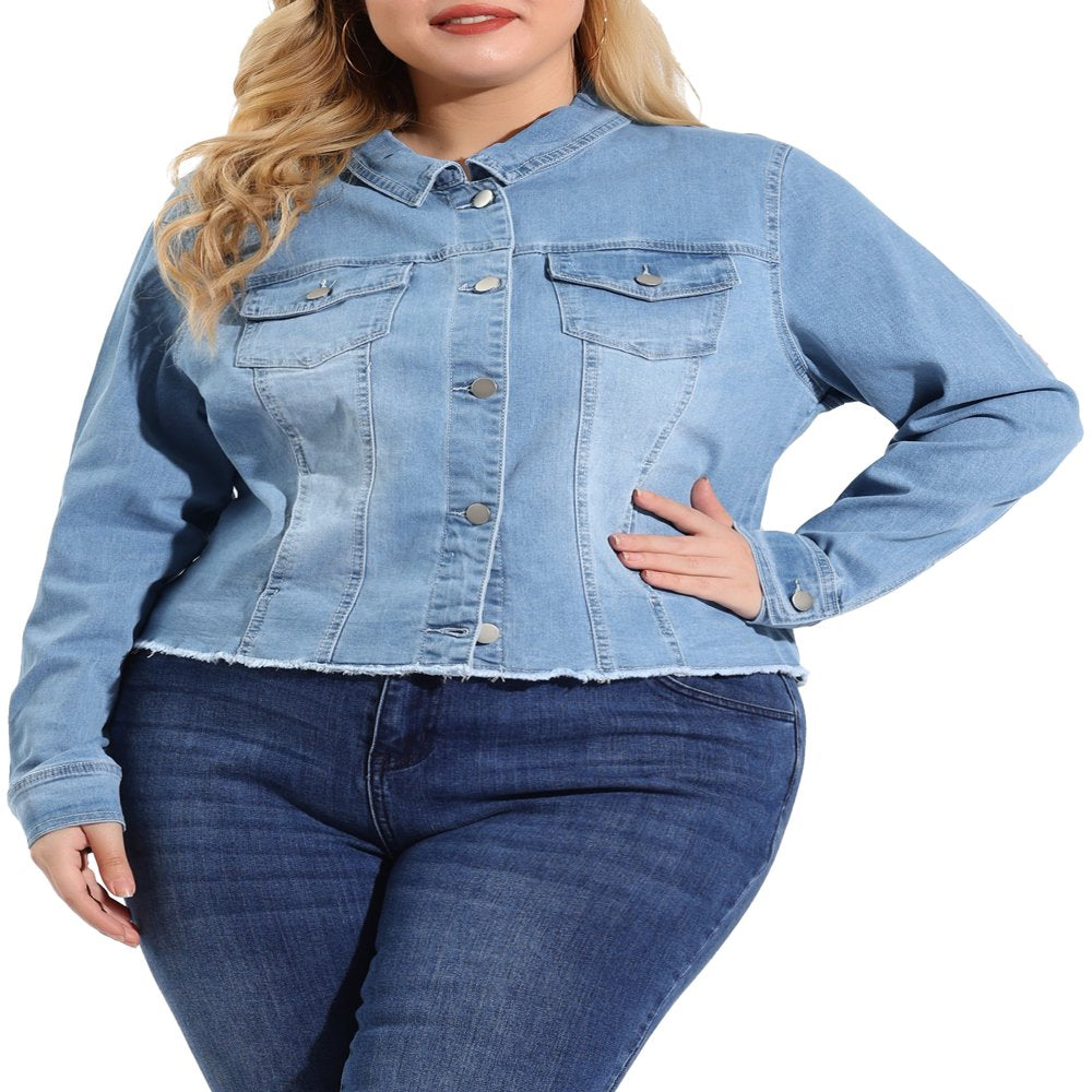  Women's Plus Size Outfits Classic Washed Front Frayed Denim Jacket