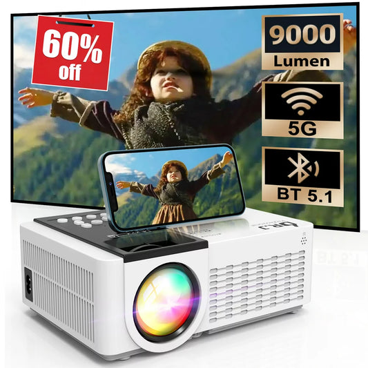 Portable 5G Wifi Projector with Bluetooth 5.1, 9000 Lumens HD Movie Projector, 1080P 250'' Display Supported