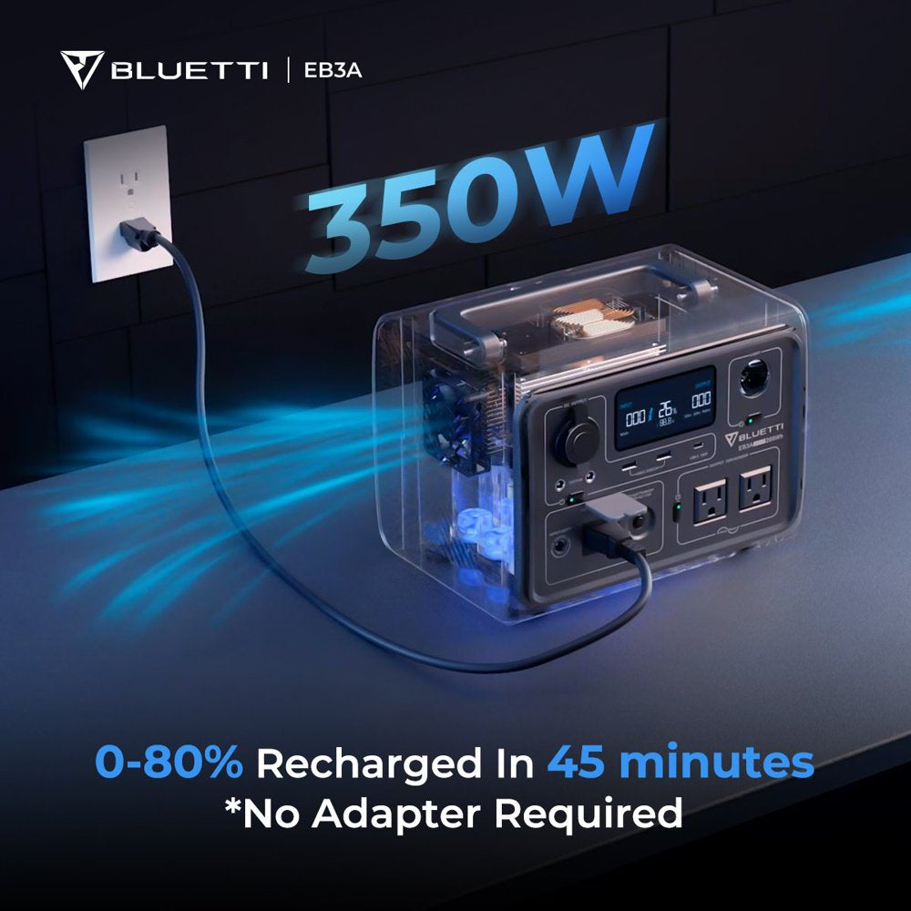 Bluetti EB3A Portable Solar Power Station,268Wh Capacity Solar Generator,W/Accessories,600W (1200W Surge) AC Output, Fast 30-Minute Recharge to 80%,for Outdoor Camping