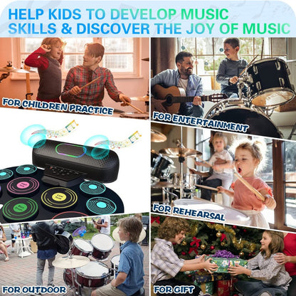 Dammyty Upgrade 9 Pads Kids Adults Electronic Drum Sets Kit with Headphone Jack and Dual Bluetooth Speaker Wireless Connection for Christmas Birthday Gift