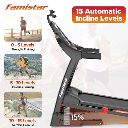 Famistar Clearance Folding Treadmill for Home with 15 Levels Auto Incline, 300LB Capcity, 10MPH Fast Speed Controls, Portable Treadmill Running Walking Machine, 4.5HP, Knee Strap Gift