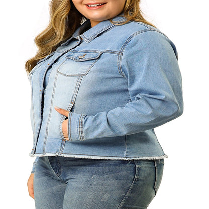  Women's Plus Size Outfits Classic Washed Front Frayed Denim Jacket